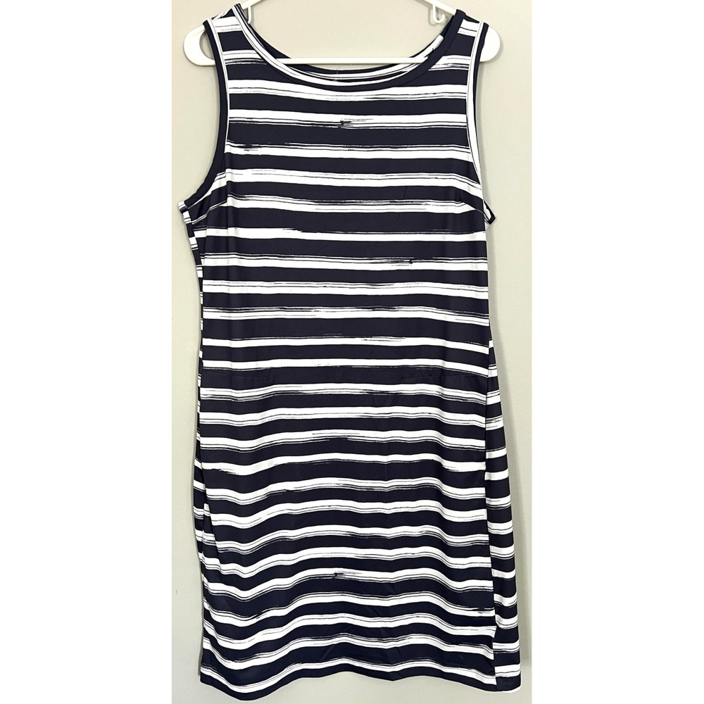 Columbia Dress Women L Navy Wht. Stripe Sleeveless Tank Stretch Pockets Nautical